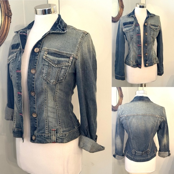 Vintage Women’s Small cropped Denim Jacket Streetwear Edgy fitted Distressed - Picture 10 of 10